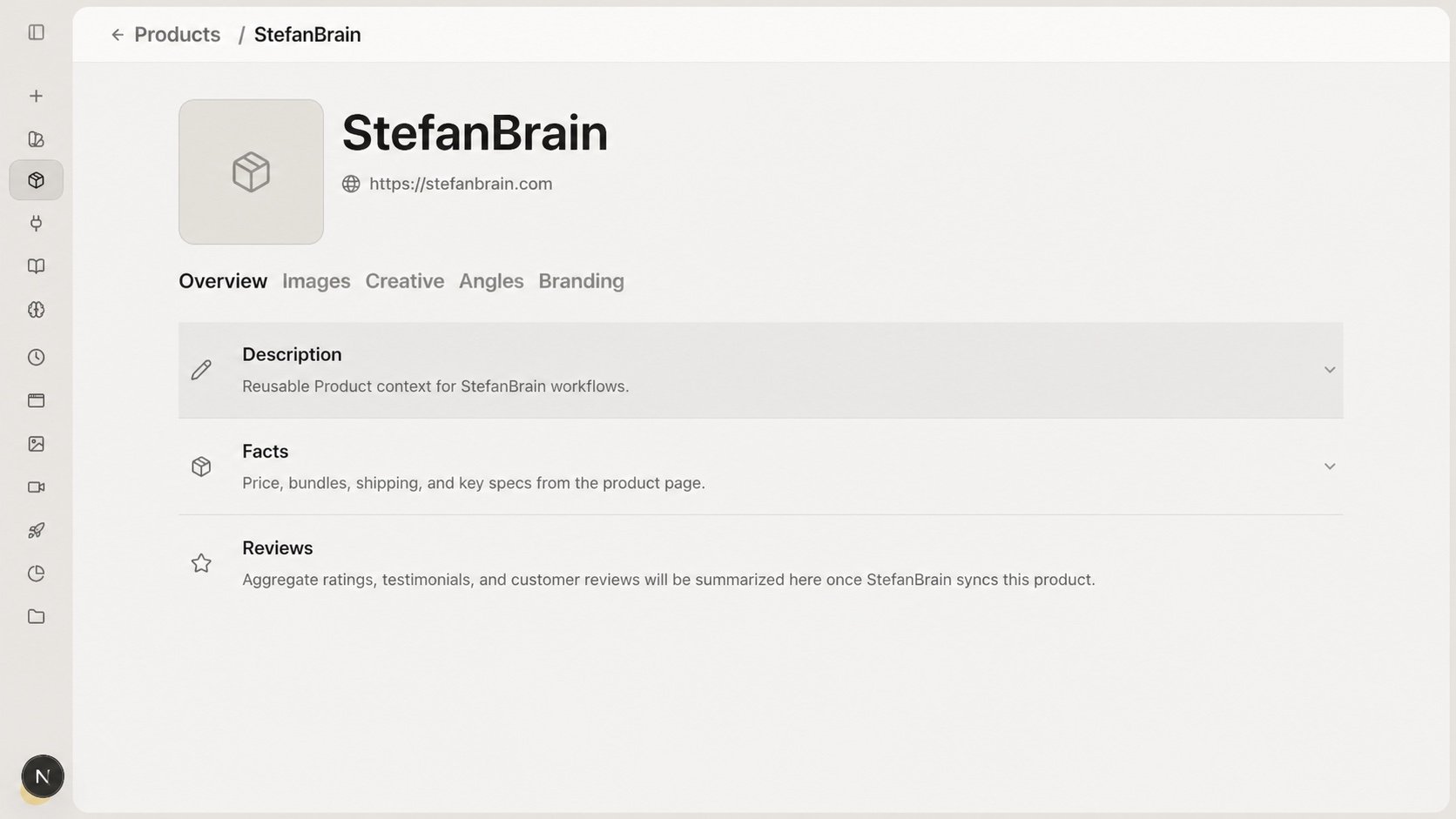 StefanBrain Product Overview showing separate Description, Facts, and Reviews sections