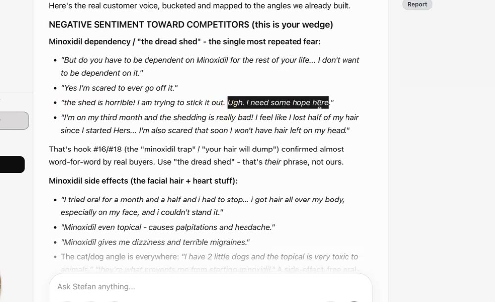 Competitor-review research organized into customer objections and repeated phrases