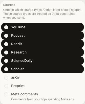 Angle Finder Sources menu listing nine available source types