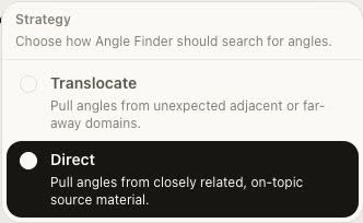 Angle Finder Strategy menu showing Translocate and Direct choices