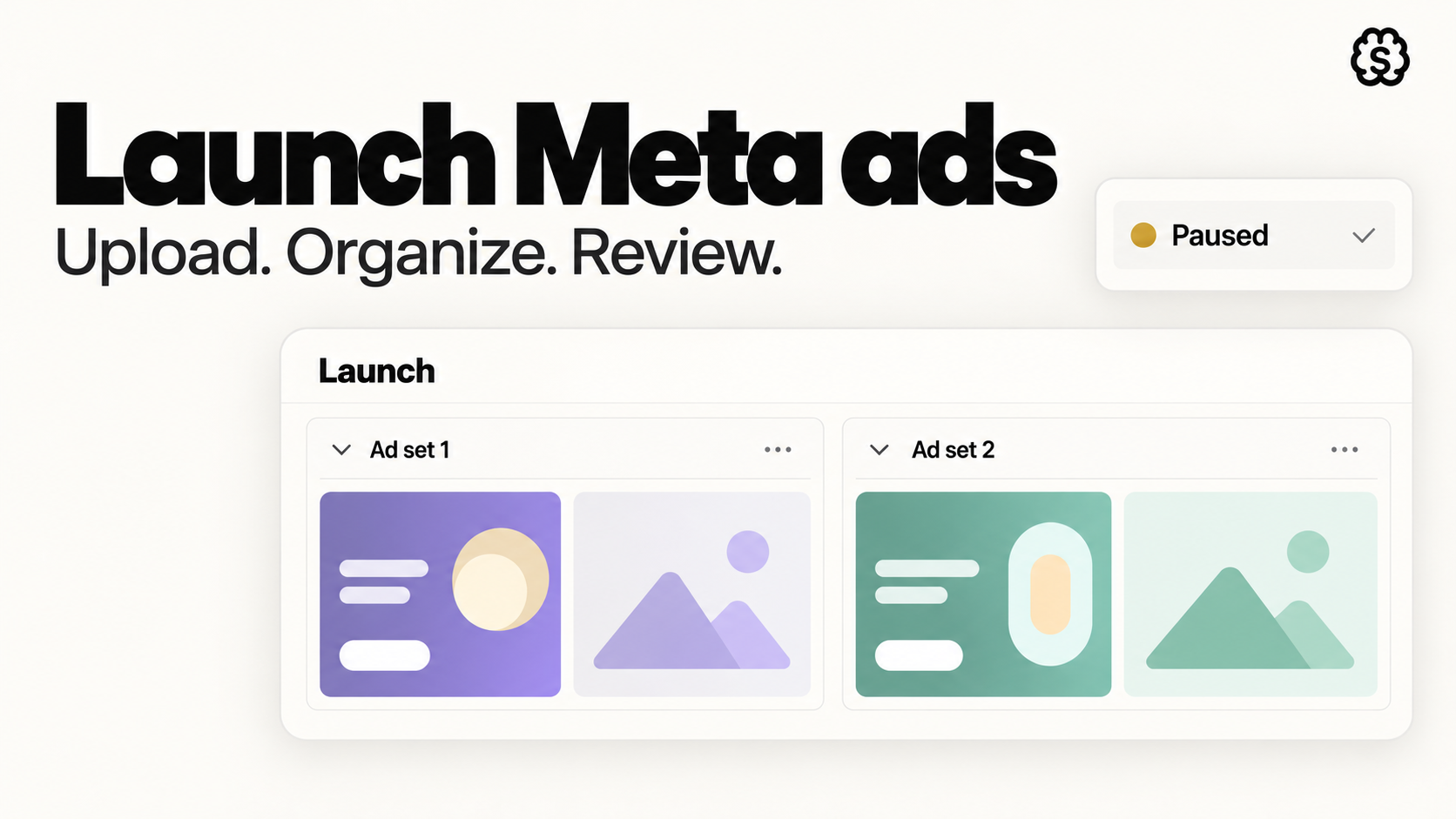Launch Meta ads cover showing creative grouped into two ad sets and Paused status