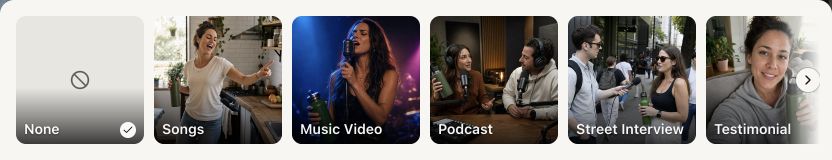 Format picker showing None, Songs, Music Video, Podcast, Street Interview, and Testimonial