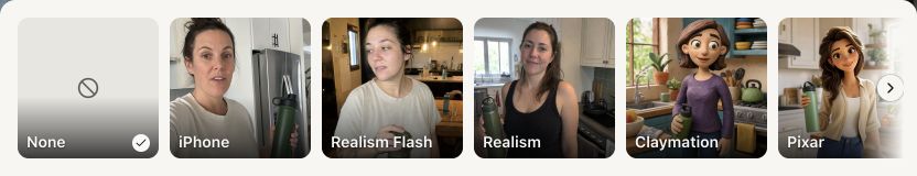 Style picker showing None, iPhone, Realism Flash, Realism, Claymation, and Pixar
