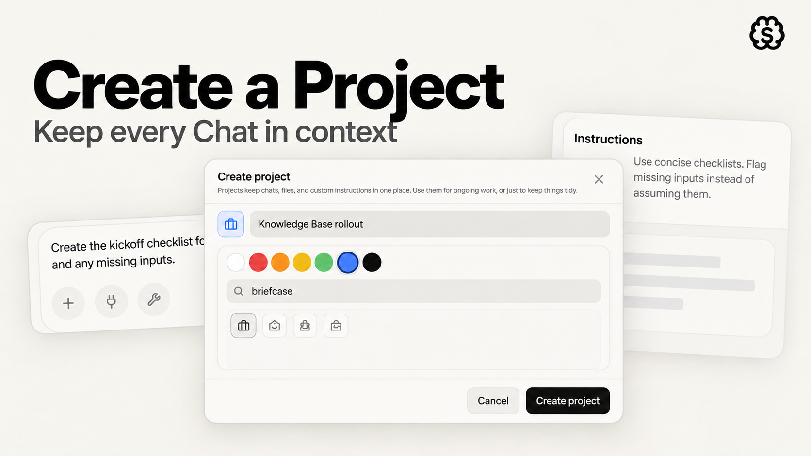 Project cover showing the create dialog, project instructions, and Chat context