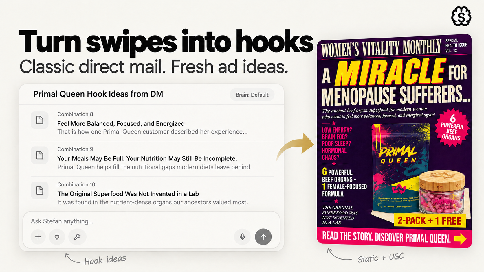 Direct-mail hooks cover showing Chat hook ideas and a Primal Queen creative example