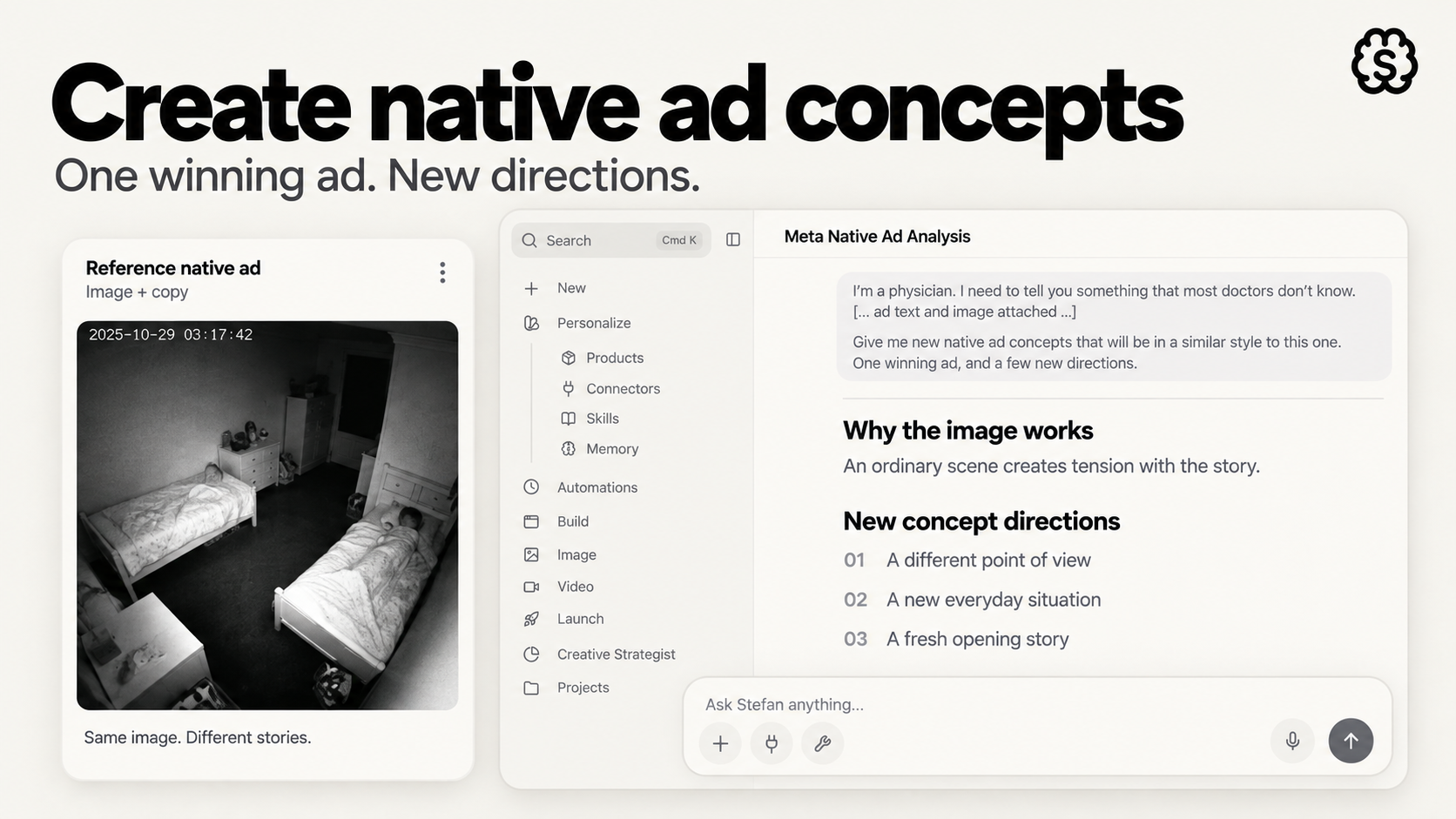 Native-ad concepts cover showing a bedroom-camera reference and Chat concept directions