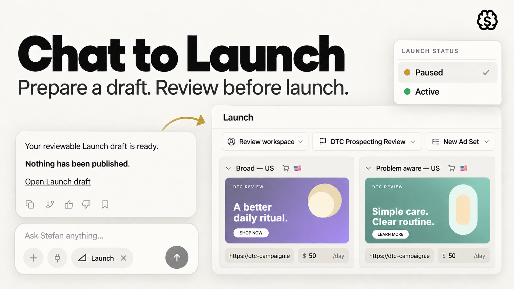 Chat-to-Launch cover showing a reviewable draft and paused launch status