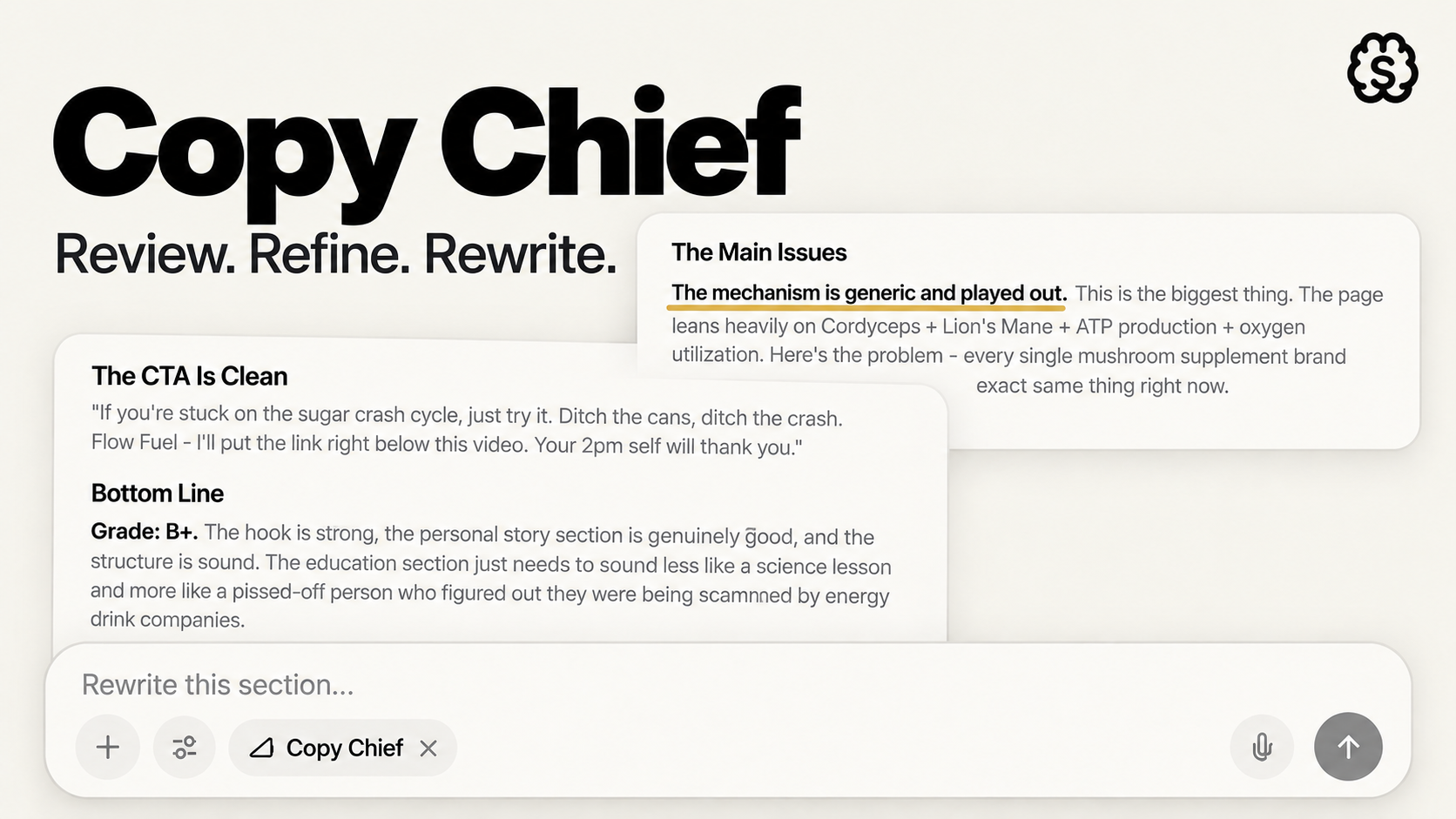 Copy Chief cover showing a draft critique and rewrite controls