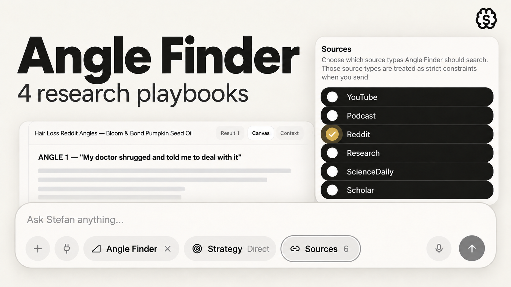 Angle Finder cover showing its research sources, strategy controls, and a Canvas angle