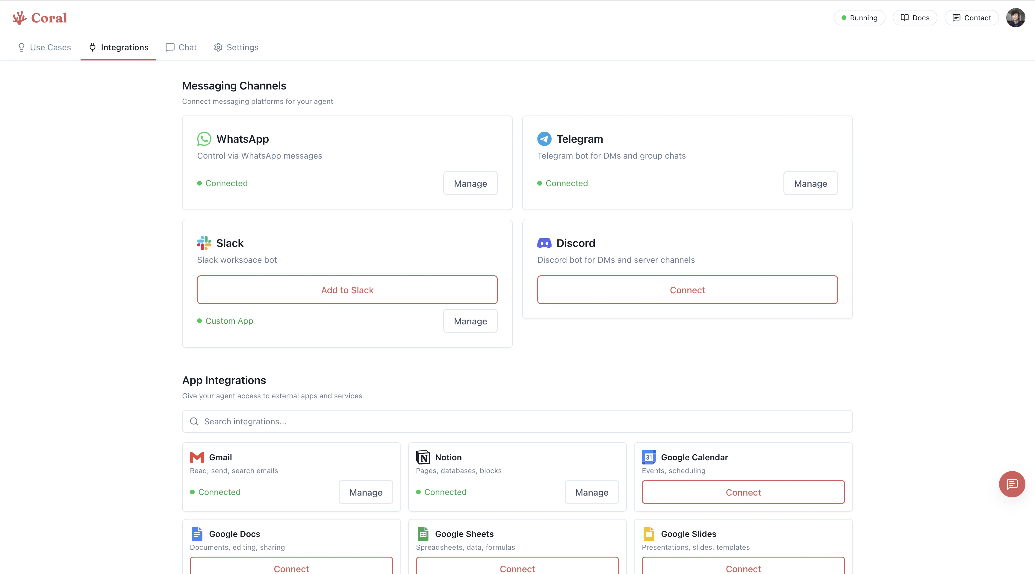 Coral integrations page showing WhatsApp and Telegram connected with green status badges