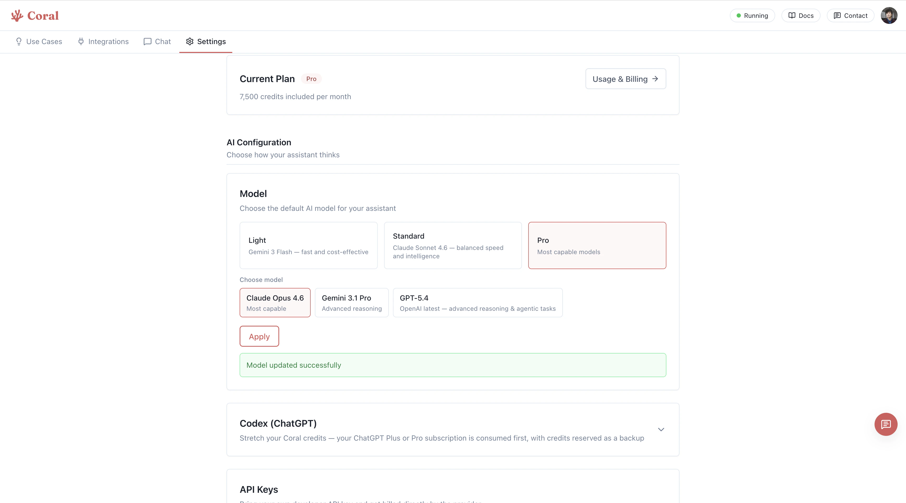 Coral settings page showing Light, Standard, and Pro model tier options
