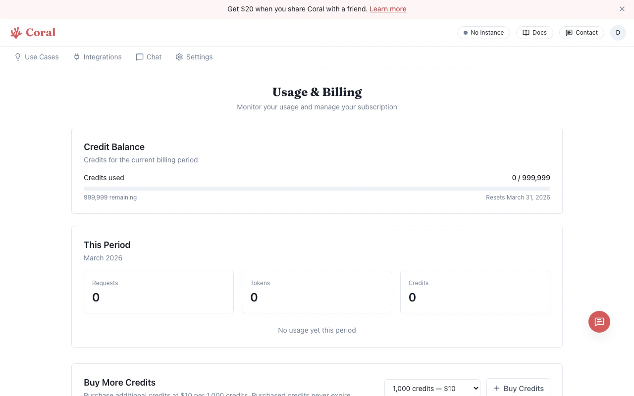 Coral usage and billing page