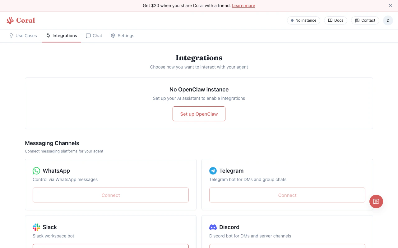 Coral integrations page showing messaging channel cards