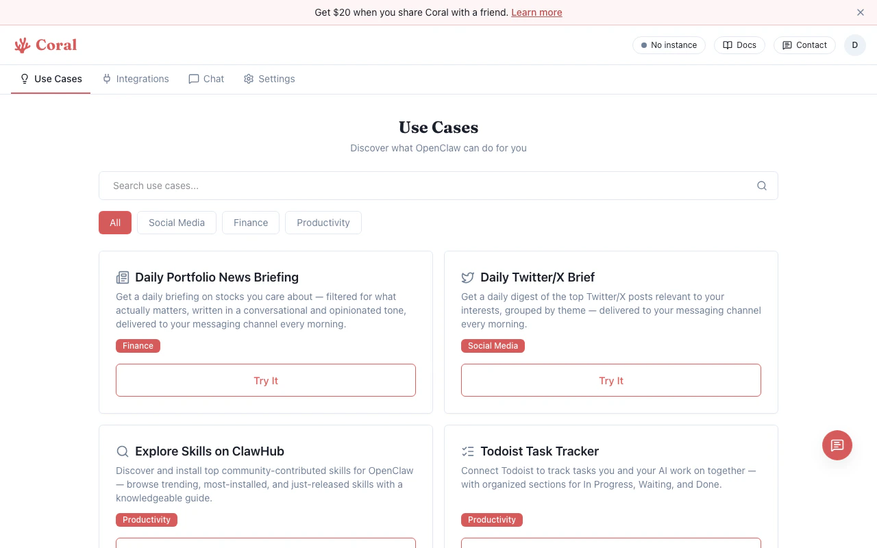 Coral use cases page with template cards