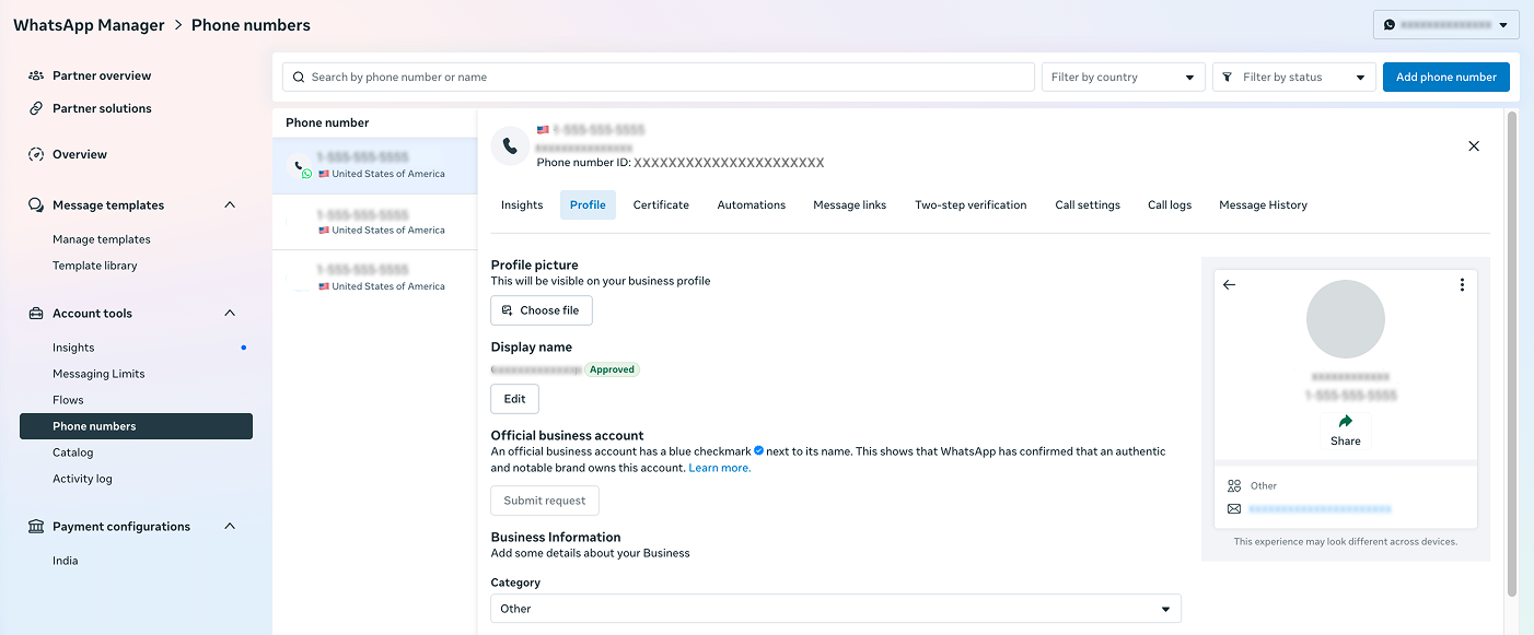 Official Business Account in WhatsApp Manager