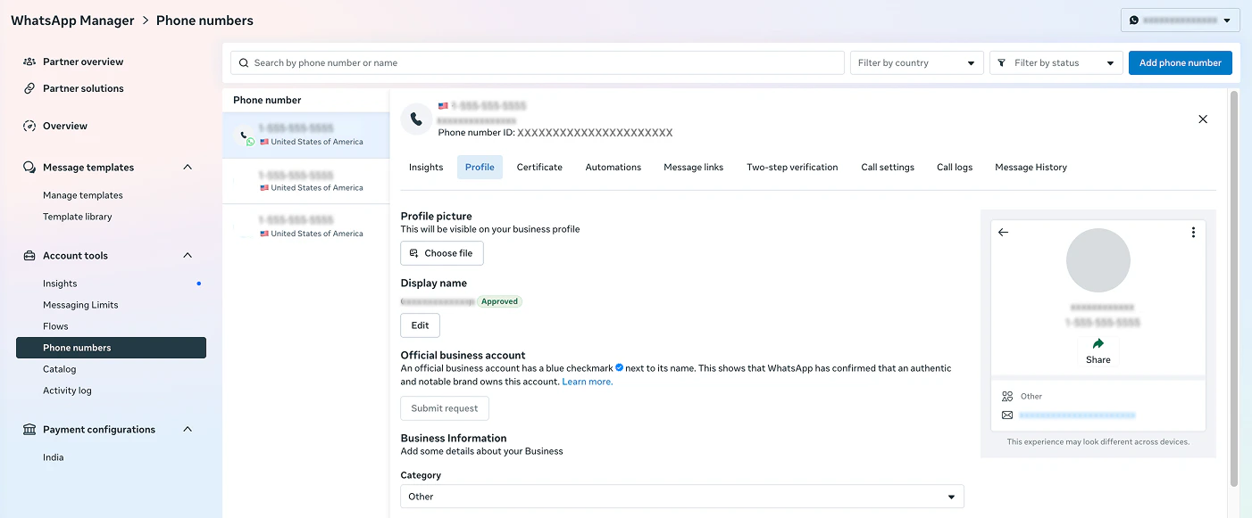 Official Business Account in WhatsApp Manager
