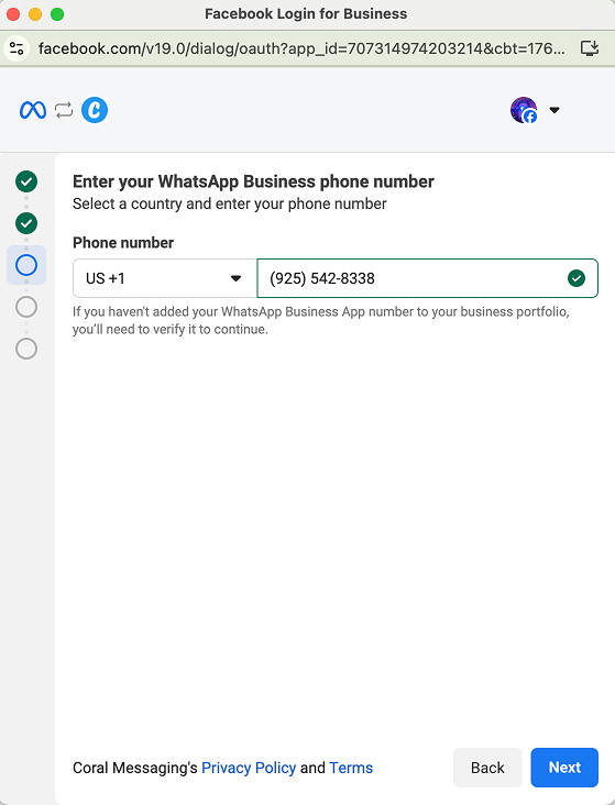 Ingresar su número de teléfono de WhatsApp Business