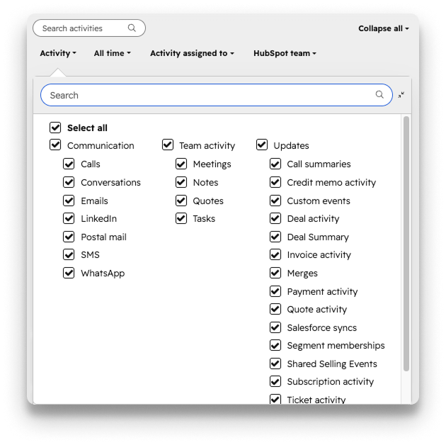 Hubspot activities settings
