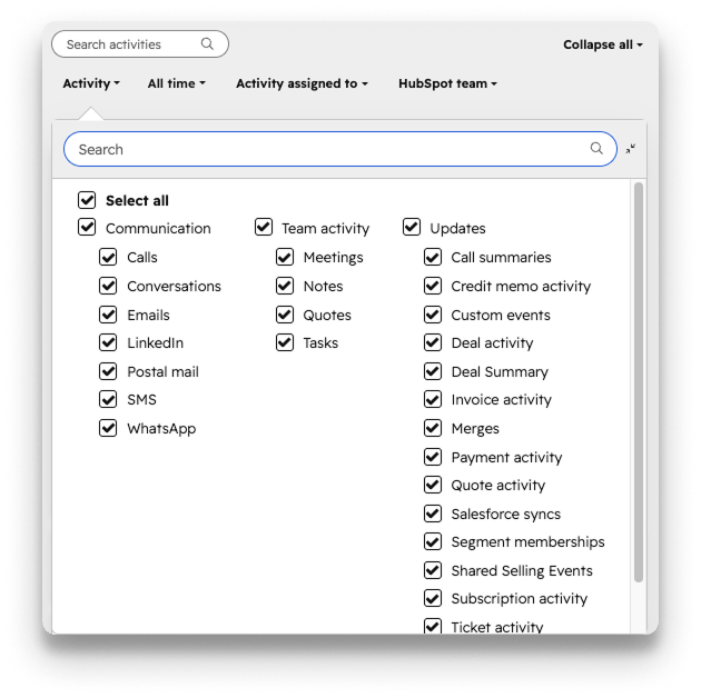 Hubspot activities settings