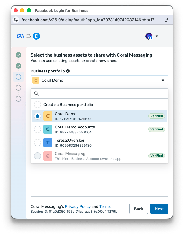 Select Meta Business Portfolio