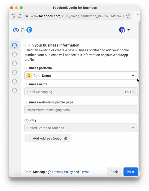 Selecionar Meta Business Portfolio