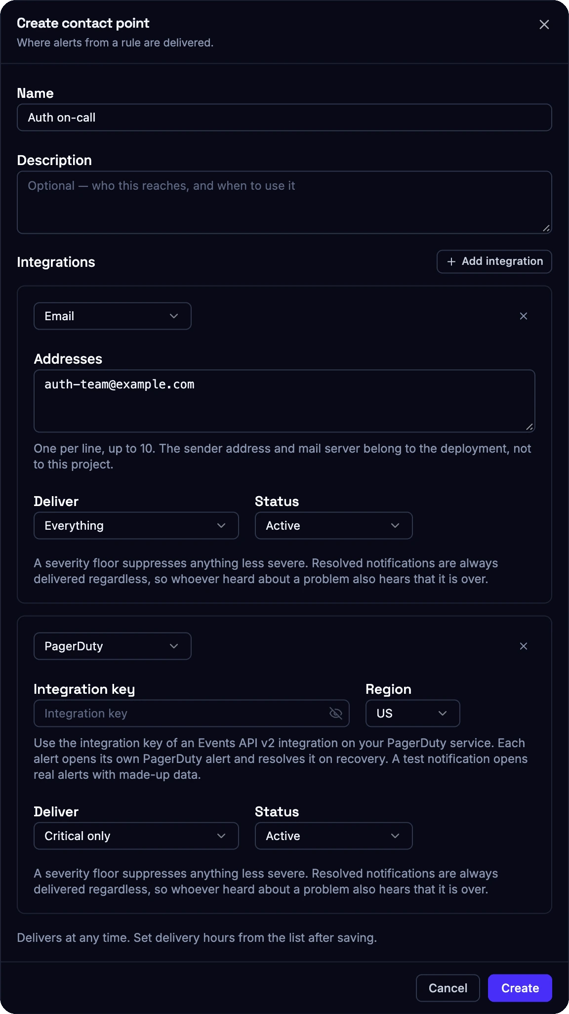 Create contact point dialog named Auth on-call with two integrations. An email integration to auth-team@example.com delivering everything, and a PagerDuty integration with an integration key, region US and delivery set to critical only. Both integrations are active.