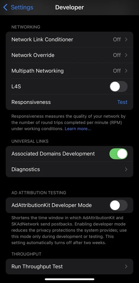 iPhone settings showing Associated Domains Development toggle