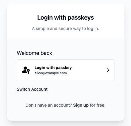 A login screen showing a 'Continue with passkey' button for one-tap access.