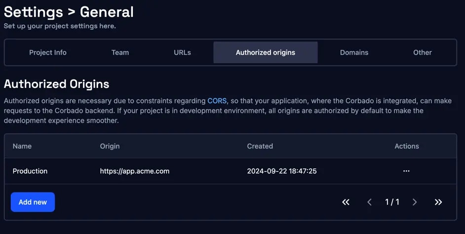 authorized origin configuration