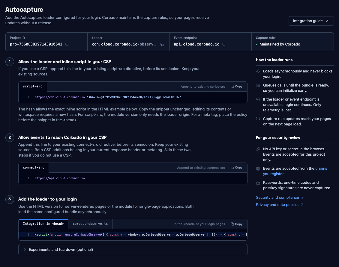 Autocapture setup in the Management Console, showing optional CSP additions and the integration snippet for an example project.