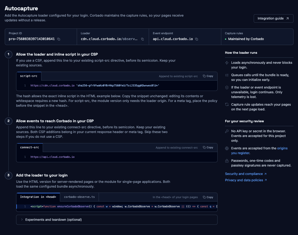 Autocapture setup in the Management Console, showing optional CSP additions and the integration snippet for an example project.
