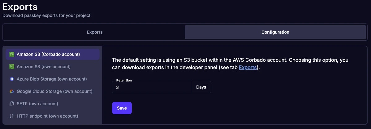 Amazon S3 configuration (Corbado account)