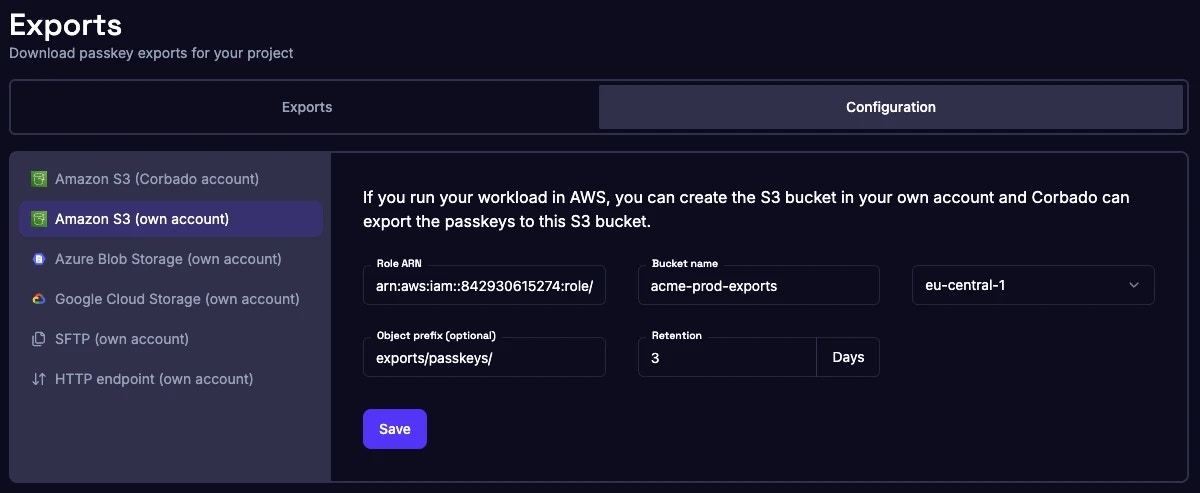 Amazon S3 configuration (own account)