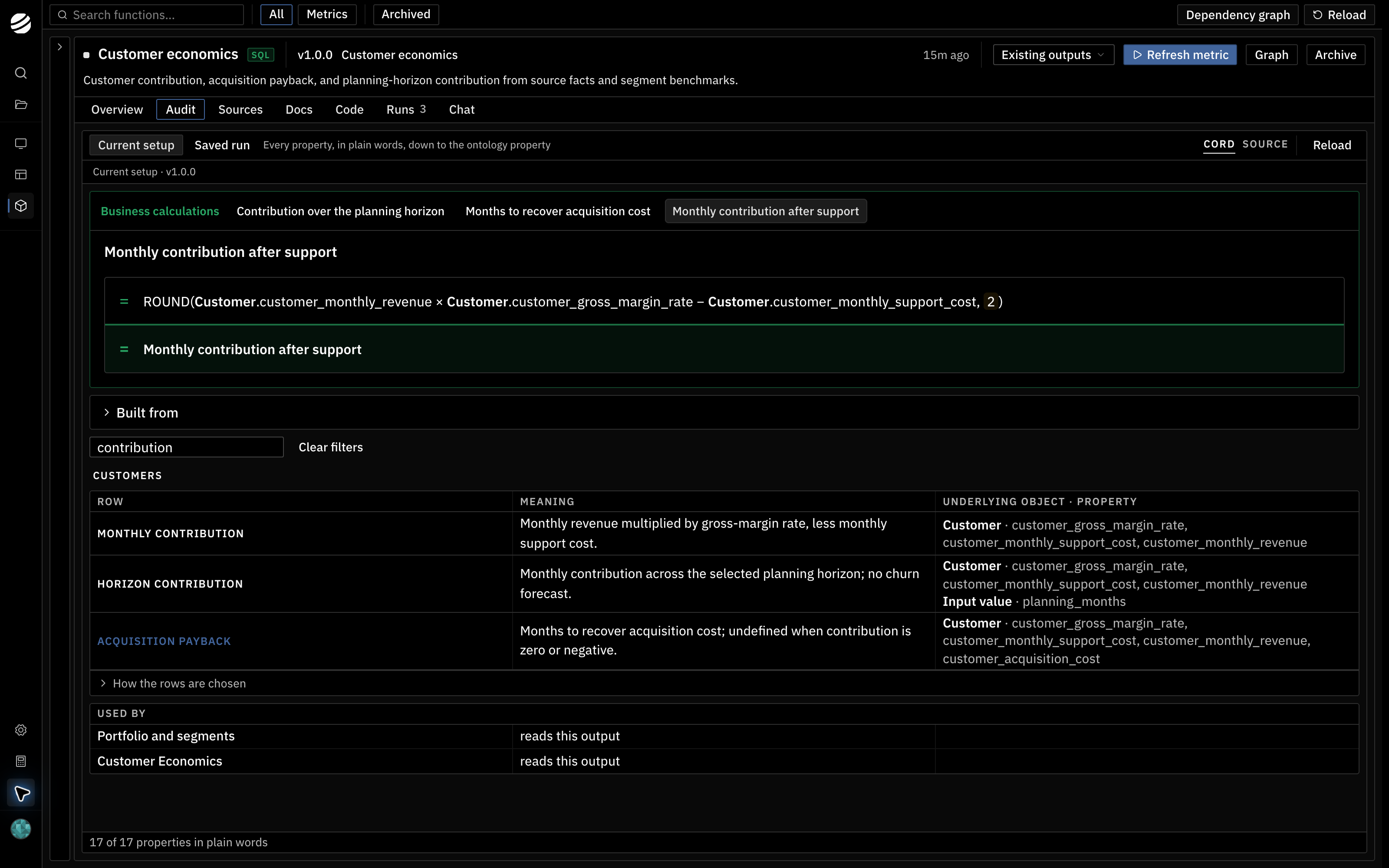 The Audit tab showing monthly contribution in plain words and the Customer properties it is built from