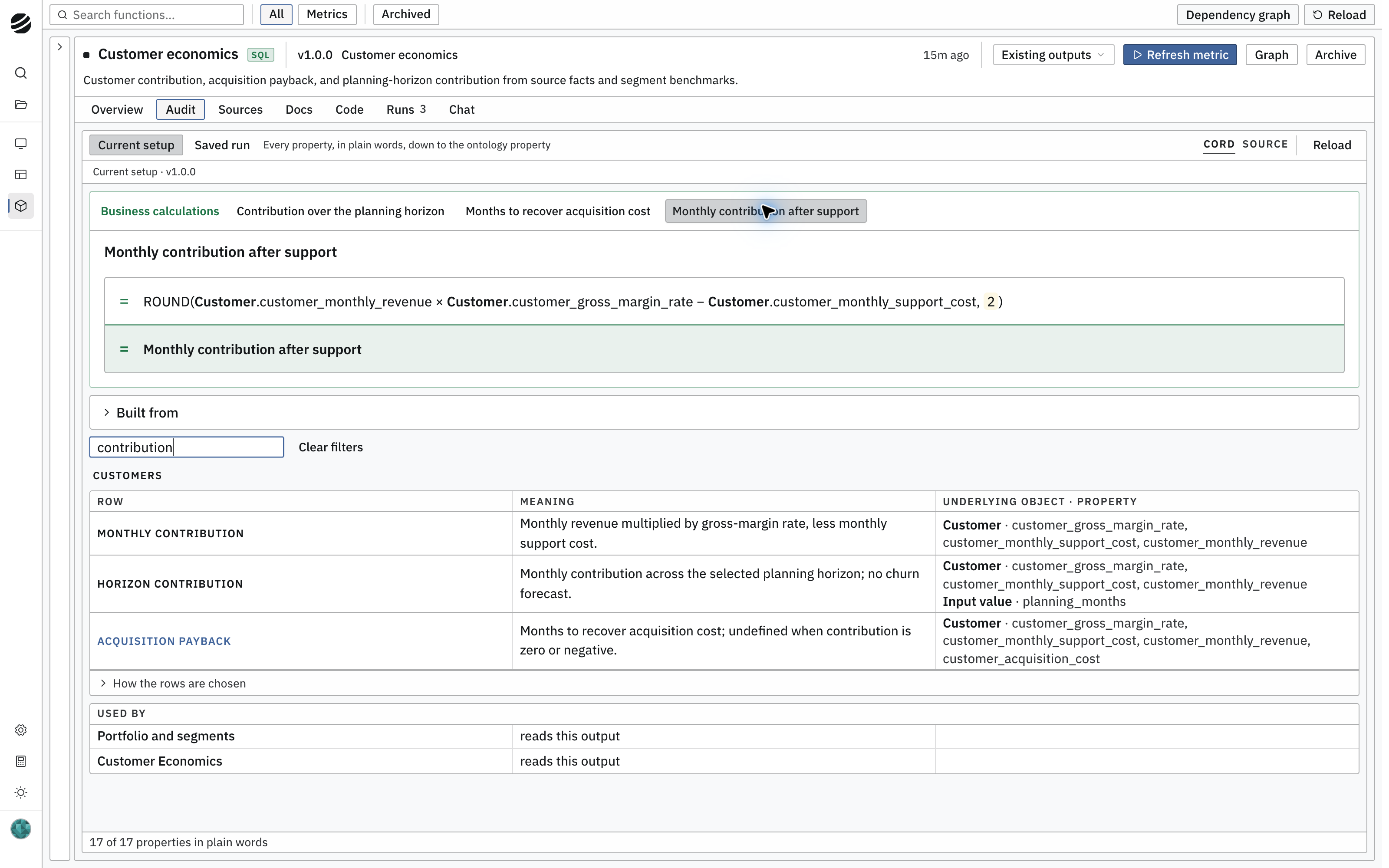 The Audit tab showing monthly contribution in plain words and the Customer properties it is built from