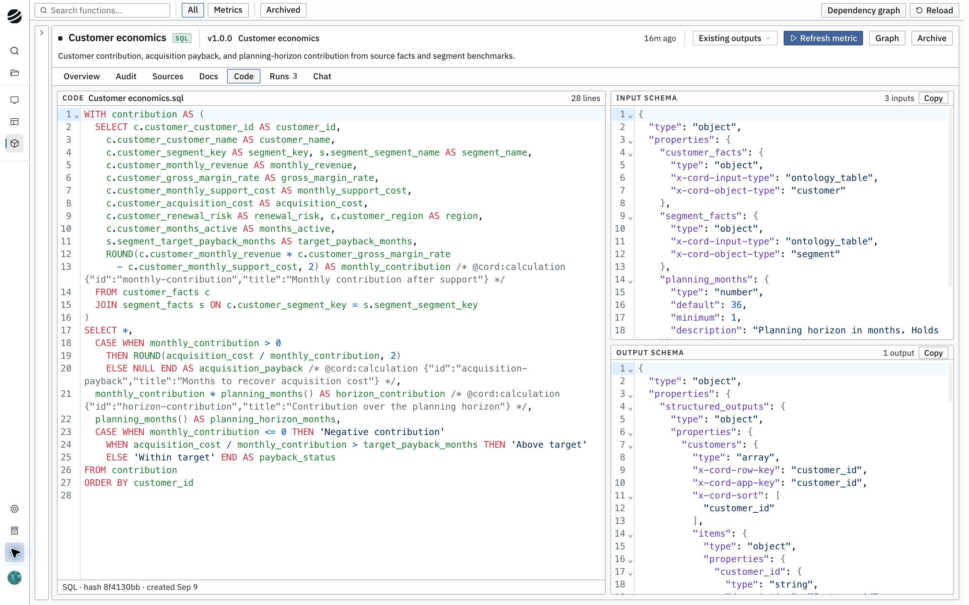 Customer economics function code showing contribution and payback calculations