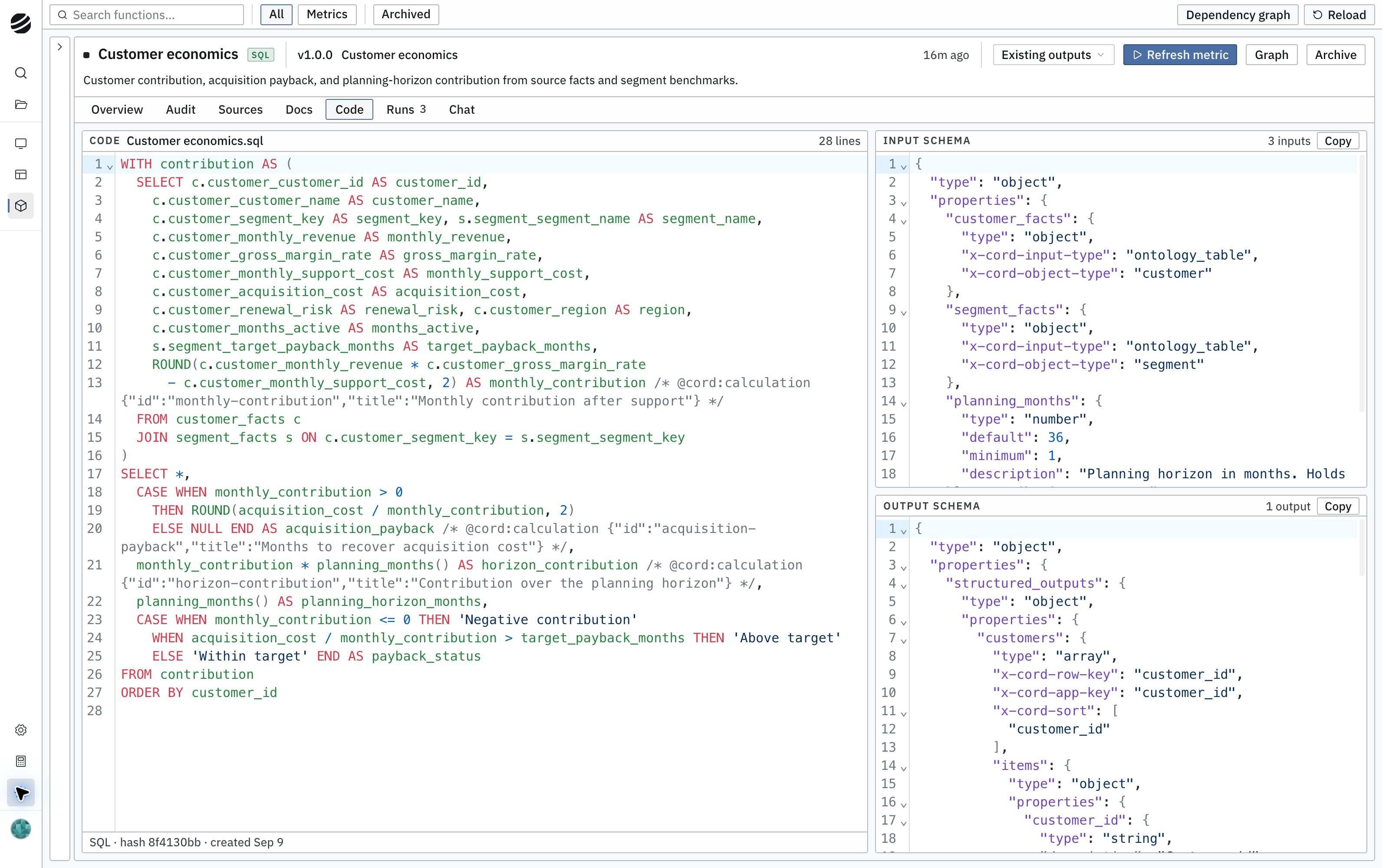 Customer economics function code showing contribution and payback calculations