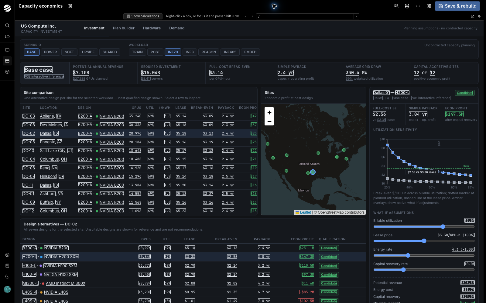 The capacity investment app with Show calculations on, every computed value outlined in the primary color across the KPI tiles, the site table, and the selected site's economics