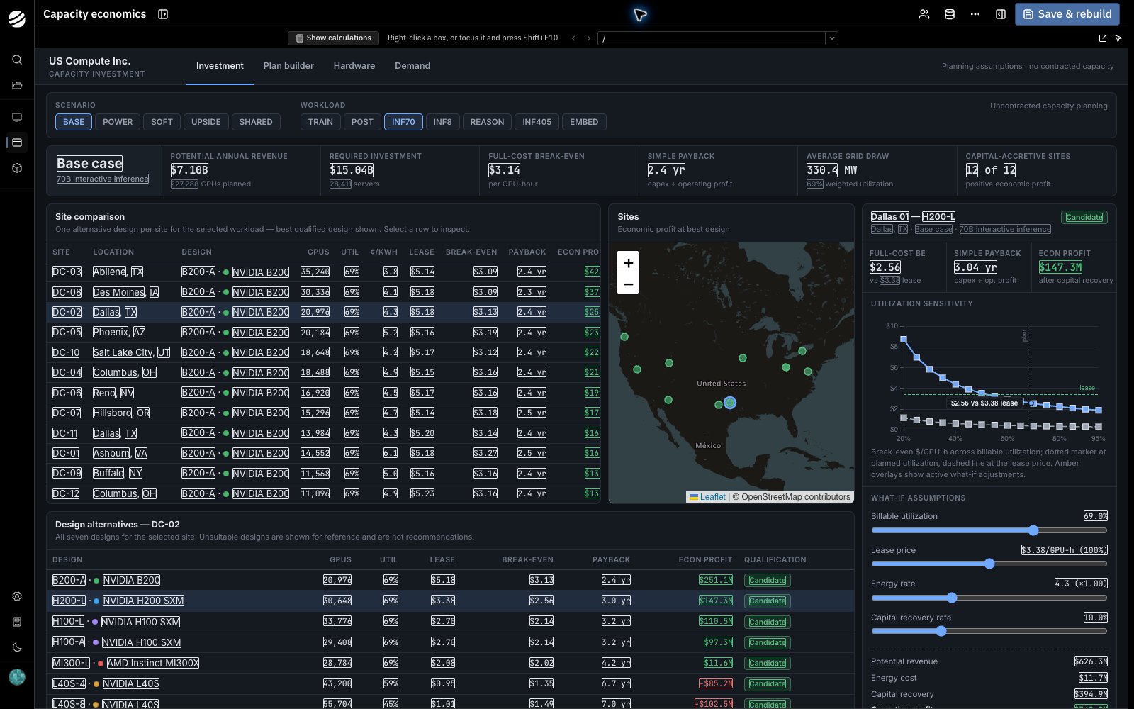 The capacity investment app with Show calculations on, every computed value outlined in the primary color across the KPI tiles, the site table, and the selected site's economics