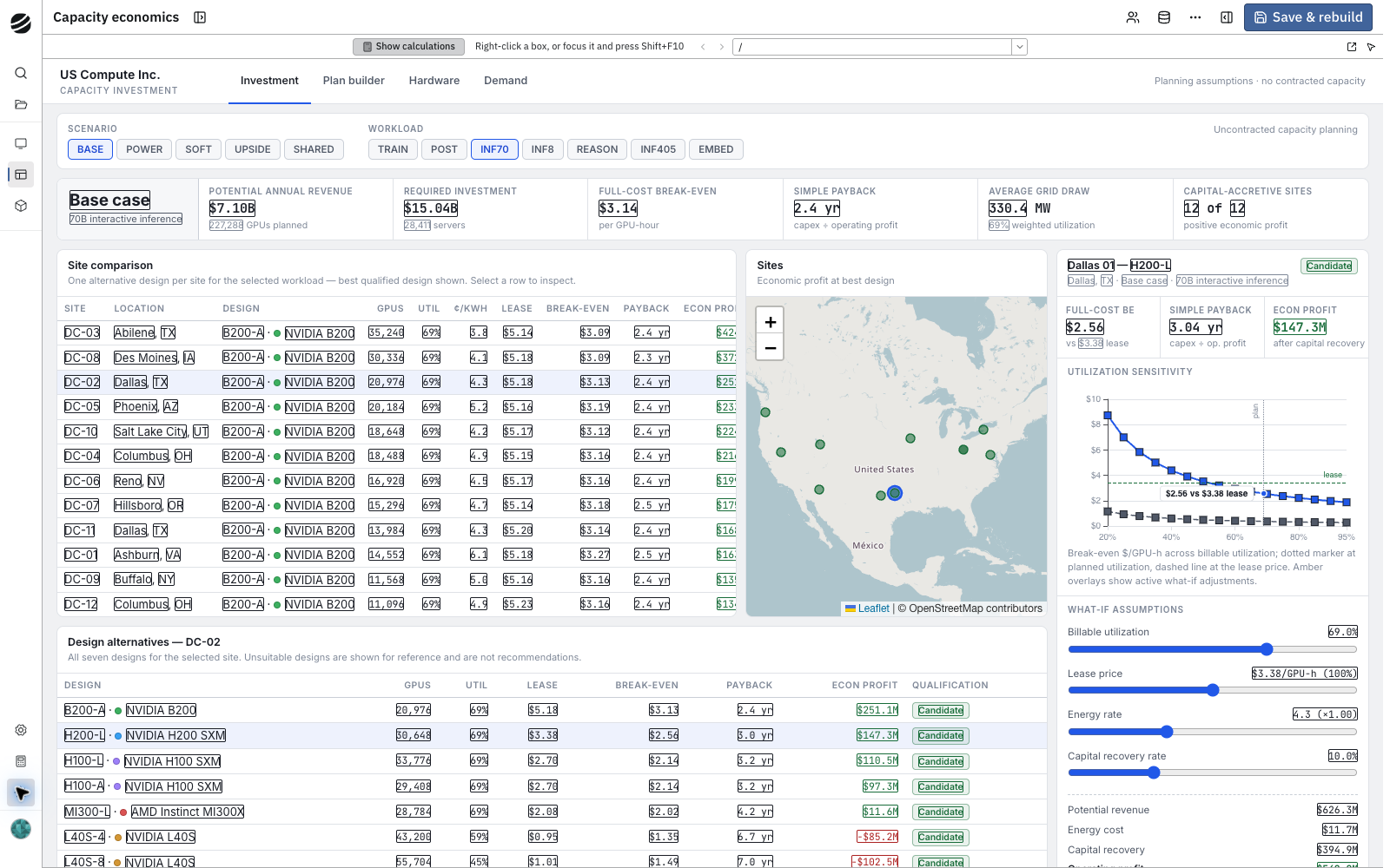 The capacity investment app with Show calculations on, every computed value outlined in the primary color across the KPI tiles, the site table, and the selected site's economics