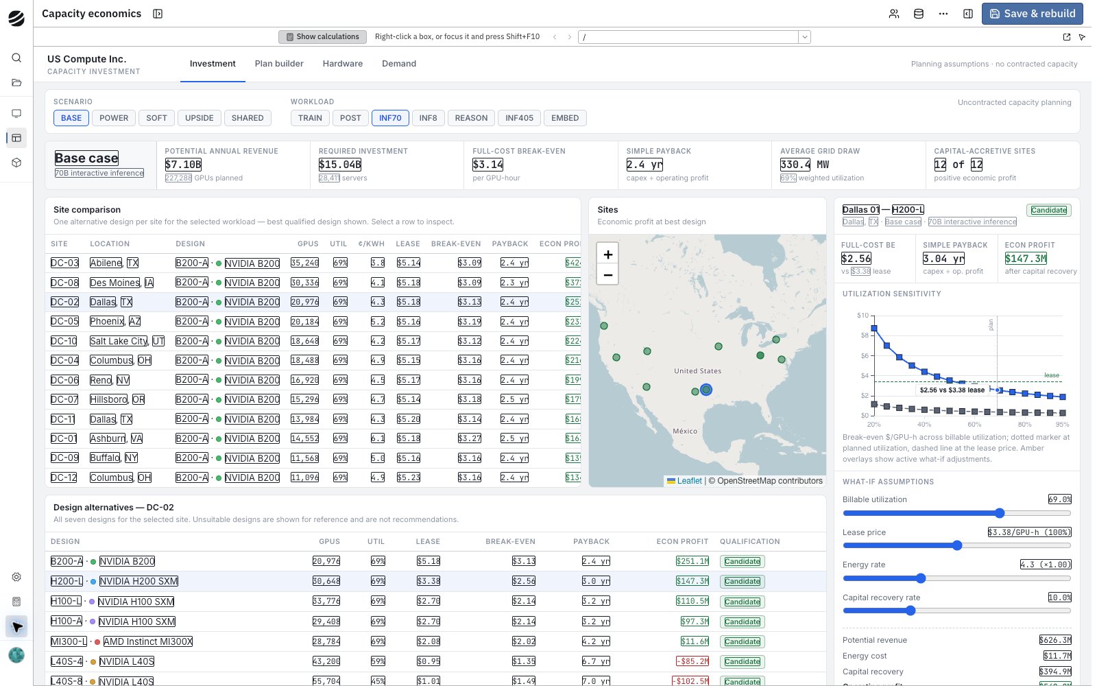 The capacity investment app with Show calculations on, every computed value outlined in the primary color across the KPI tiles, the site table, and the selected site's economics