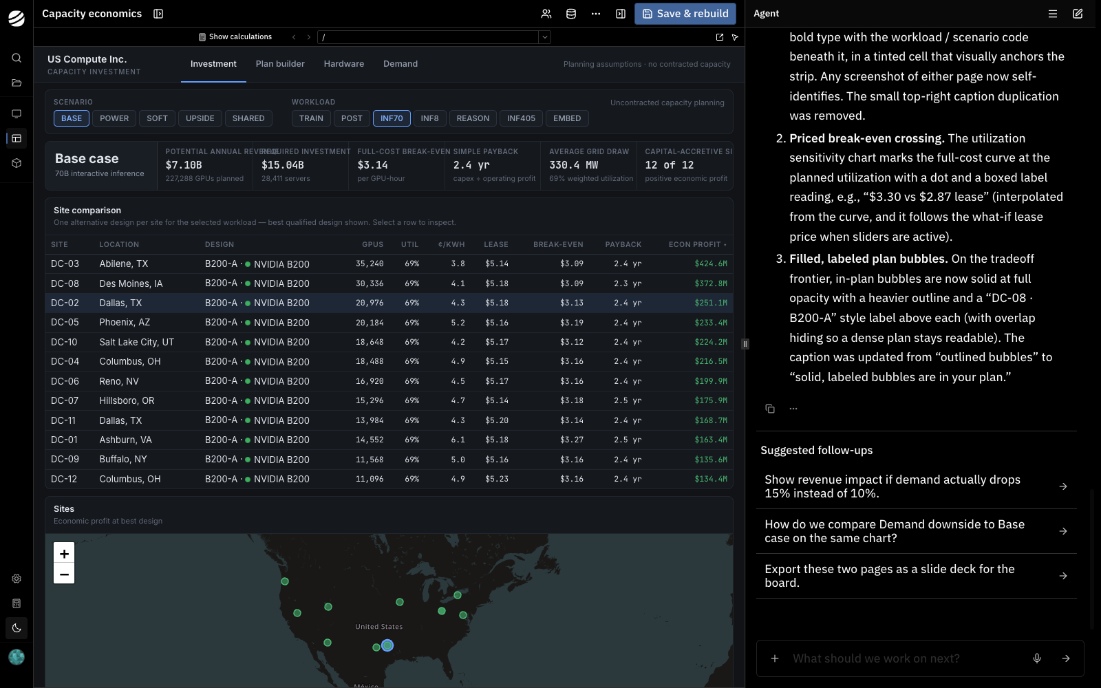 Application Studio with the current capacity investment app on the left and the agent conversation on the right
