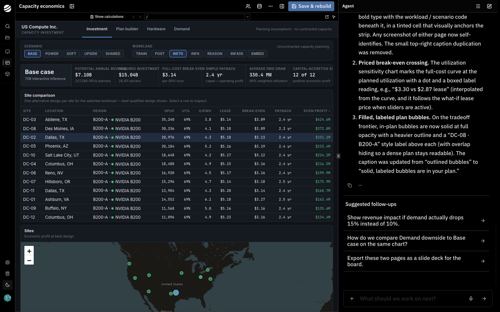 Application Studio with the current capacity investment app on the left and the agent conversation on the right