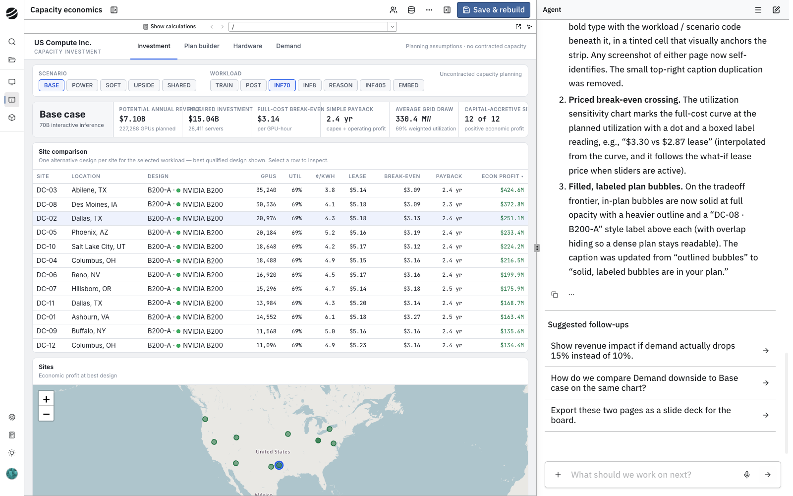 Application Studio with the current capacity investment app on the left and the agent conversation on the right