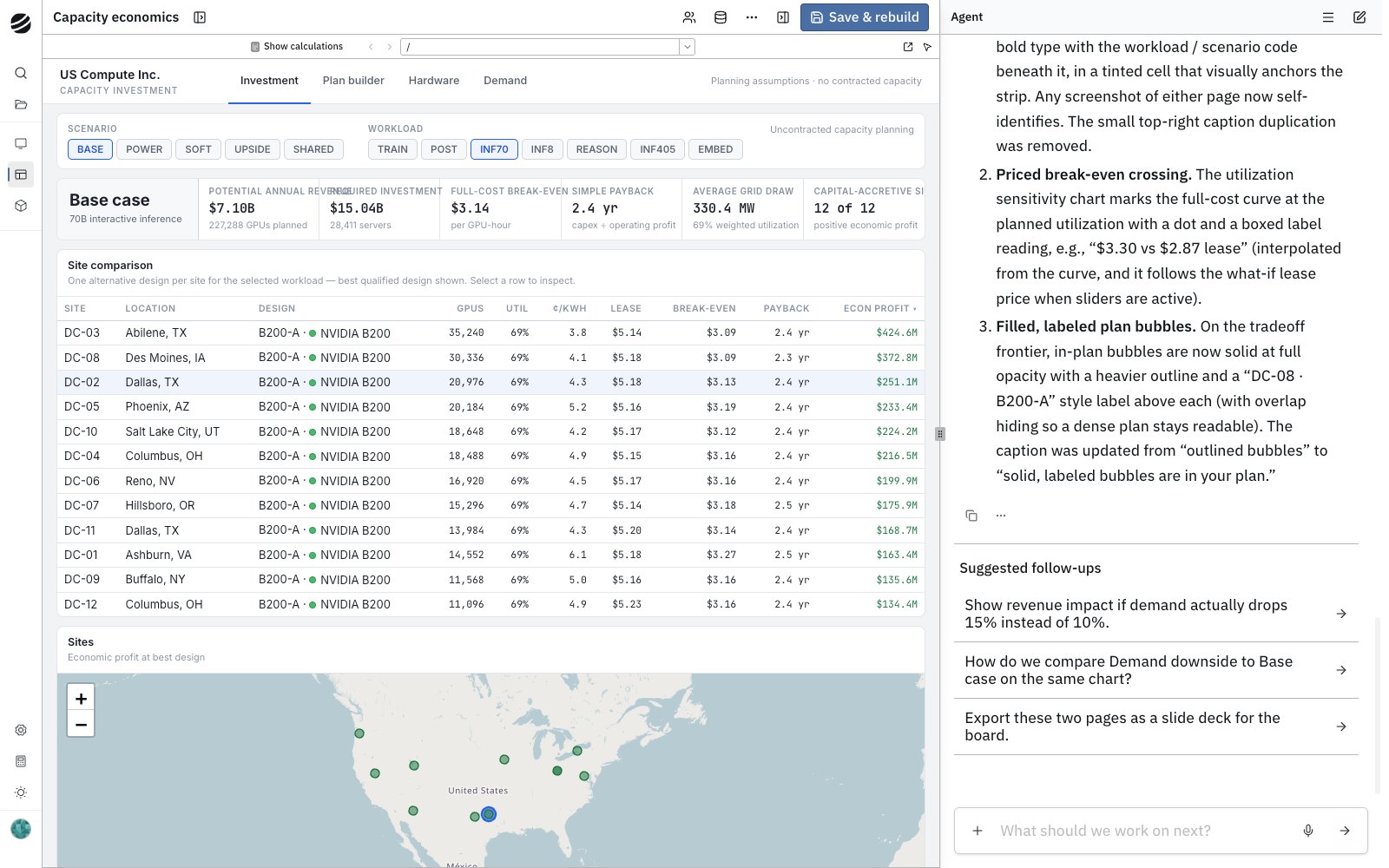 Application Studio with the current capacity investment app on the left and the agent conversation on the right