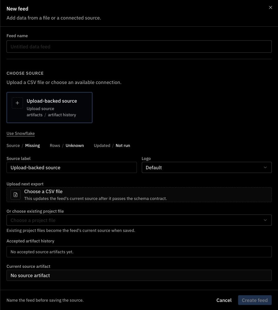 New feed panel with CSV upload selected and an option to use an existing project file