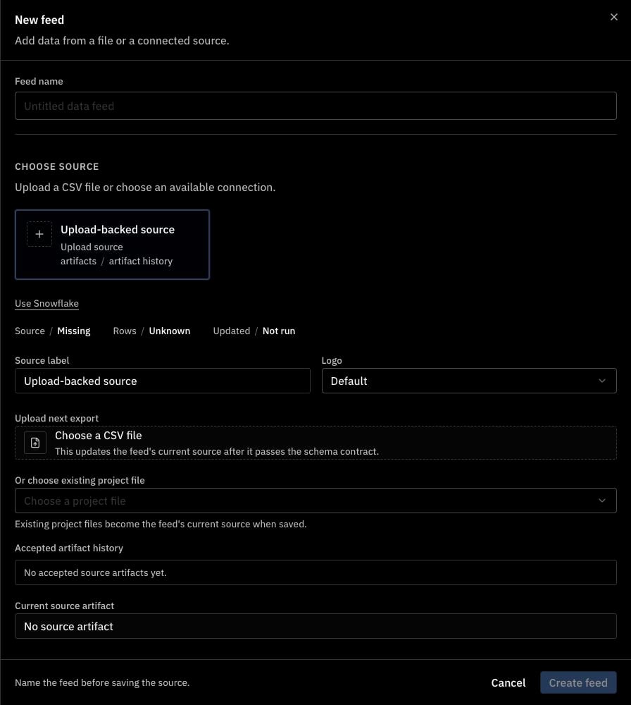 New feed panel with CSV upload selected and an option to use an existing project file