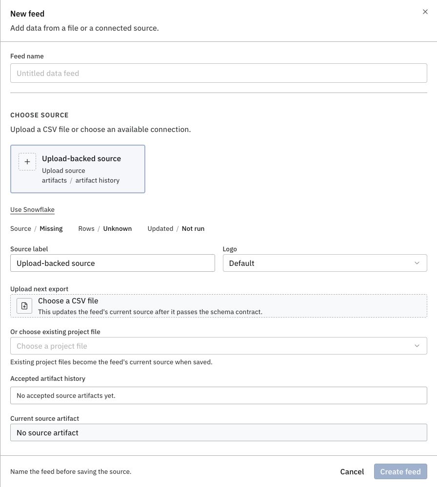 New feed panel with CSV upload selected and an option to use an existing project file