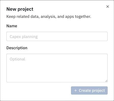 New project dialog with a name and optional description