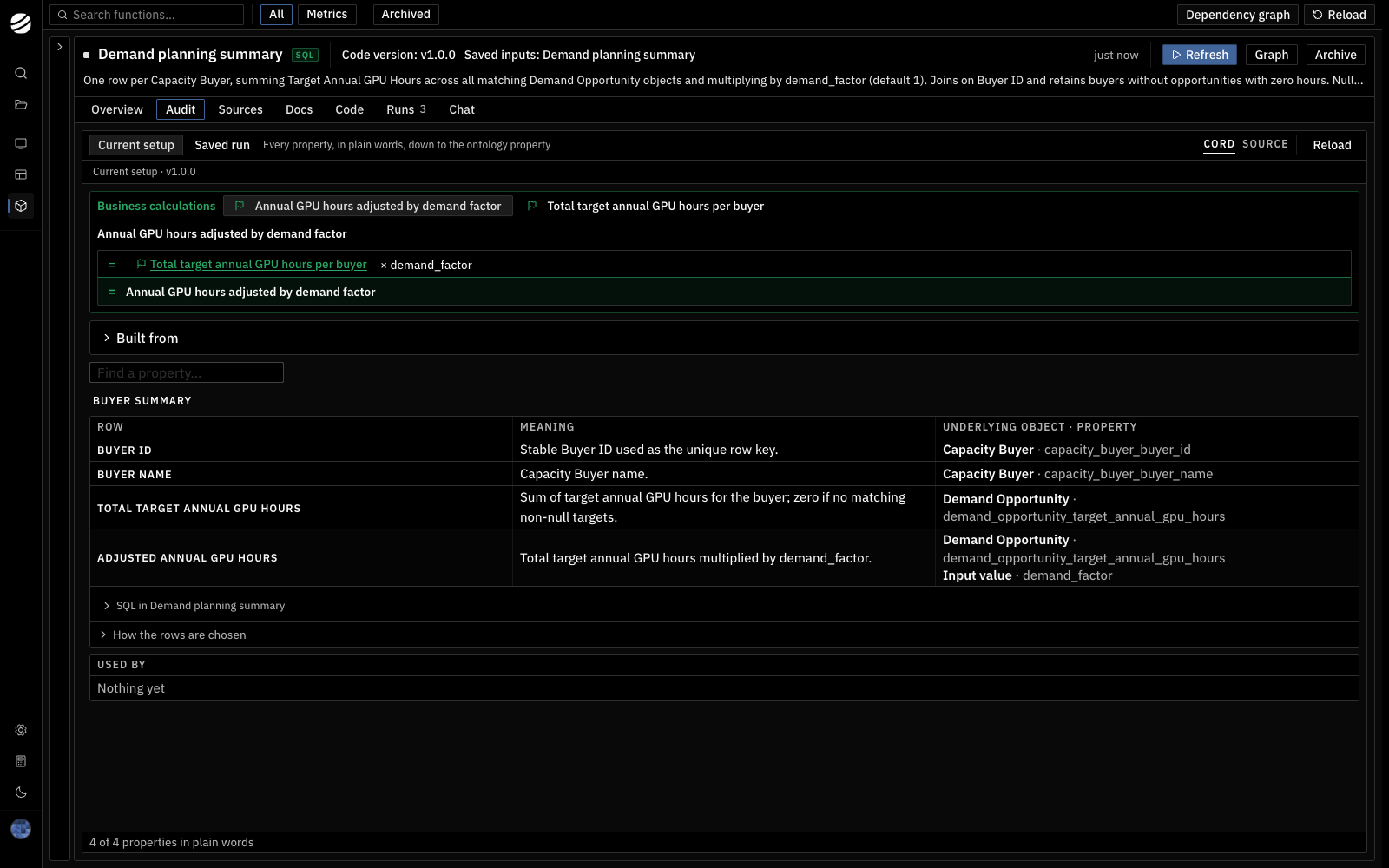 Audit traces output properties to the ontology and input values.